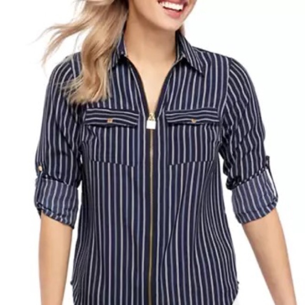 NWT Michael Kors Striped Zip Orchid Black and Purple Haze XS Shirt